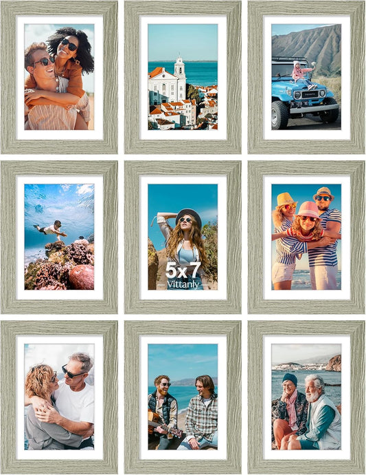 Vittanly 5x7 Picture Frames Set of 9, Shatter Resistant Plexiglass, Display 4x6 Pictures with Mat