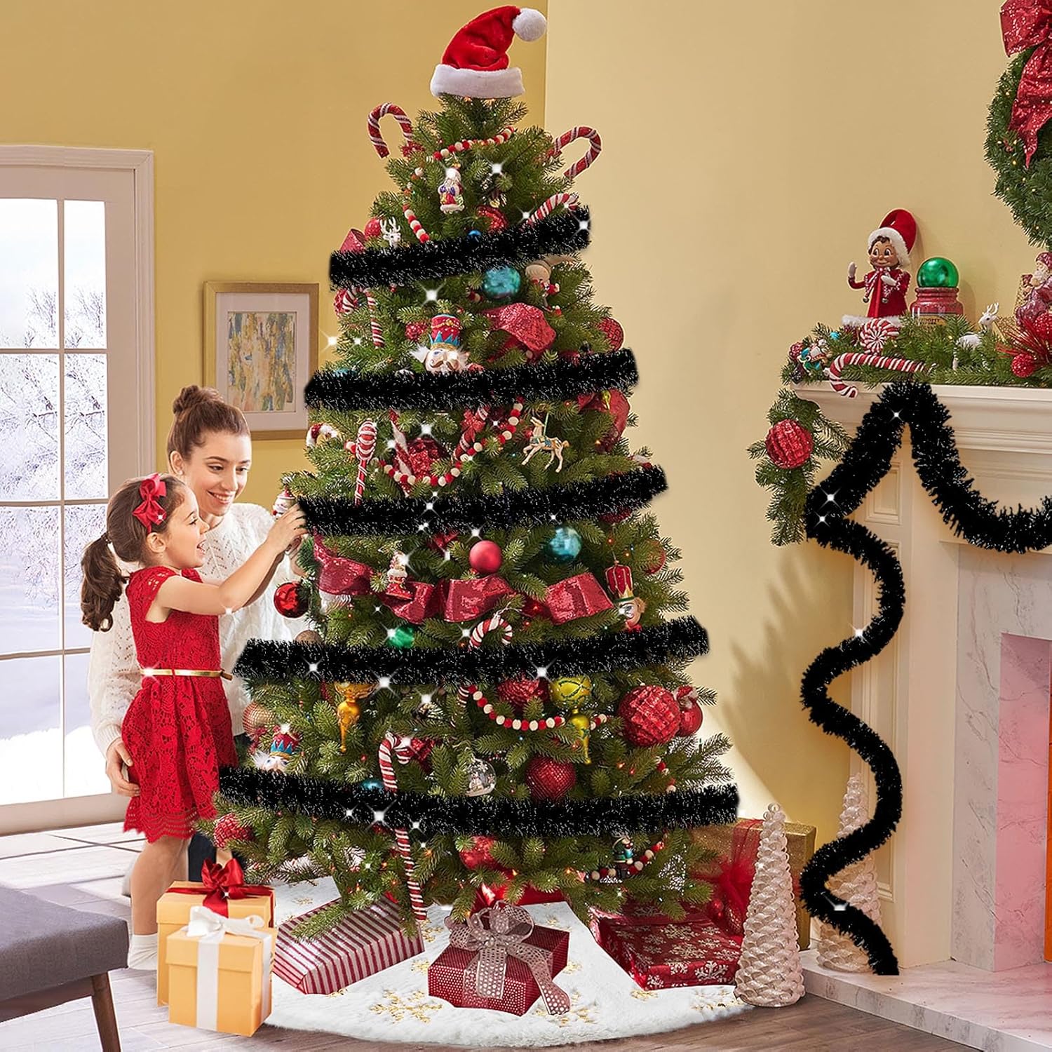 50 Feet Christmas Tinsel Garland, Metallic Twist Wall Hanging Tinsel Backdrop for Parade Floats