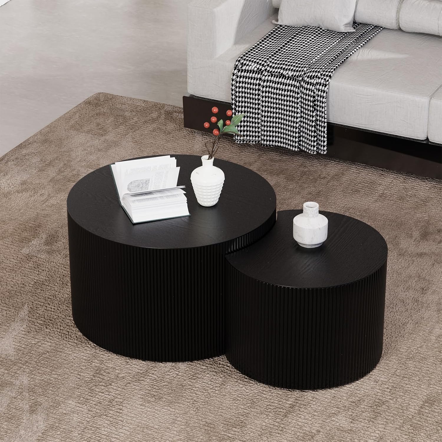 Round Nesting Coffee Table Set of 2 Handcraft Circle Fluted Nesting Coffee Tables Circular Side