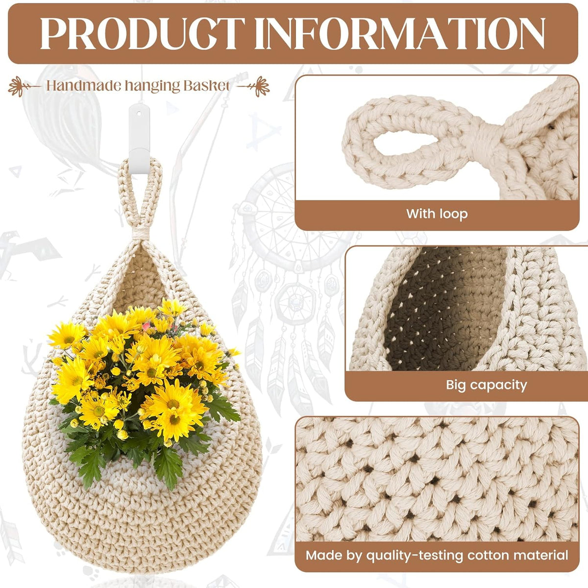 Hanging Fruit Baskets for Kitchen - 3 Pack Boho Wall Hanging Basket with 6 Pcs Strong Hooks