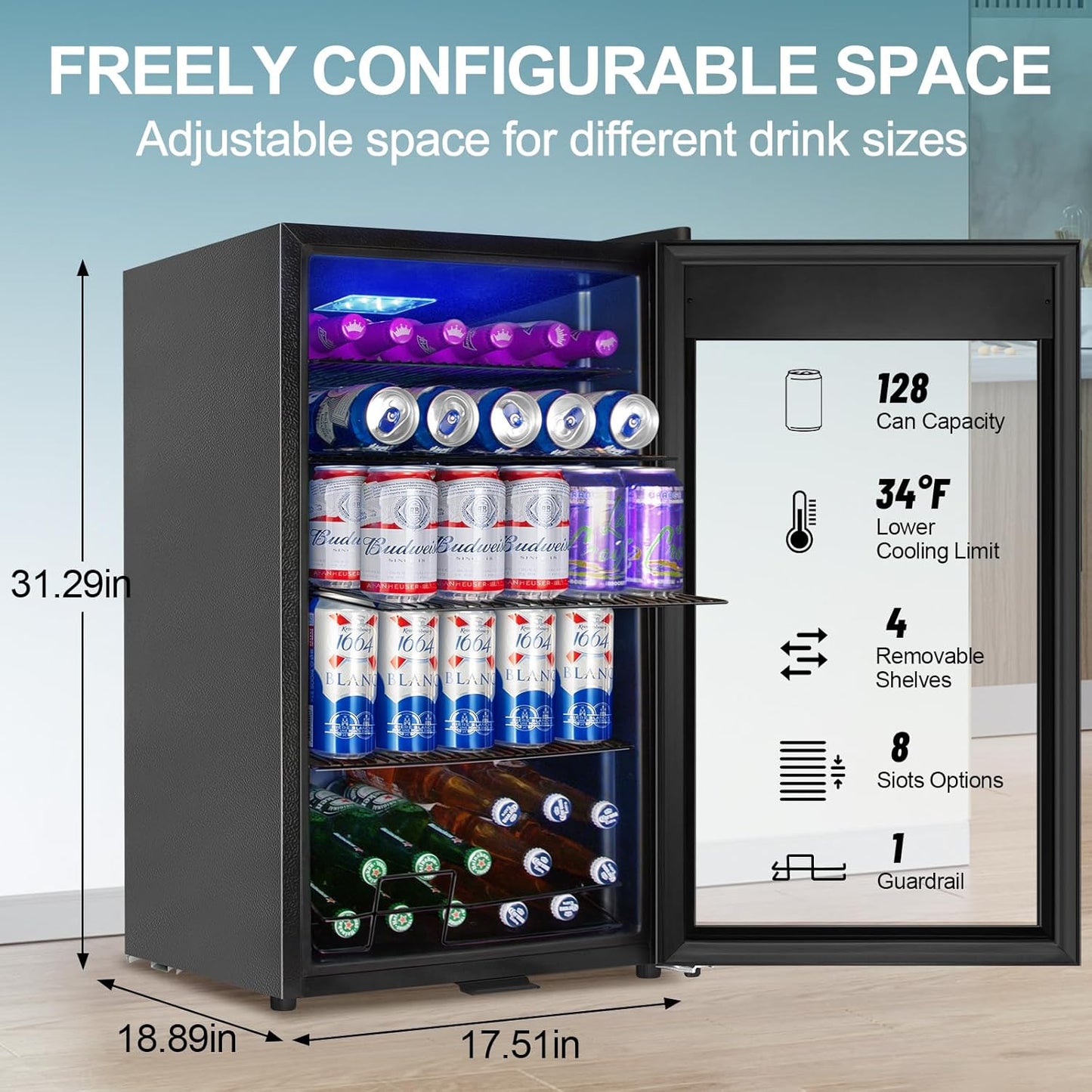 Beverage Refrigerator Cooler, 128 Cans 3.2 Cu.Ft Mini Fridge Glass Door for Drink Beer Soda Wine