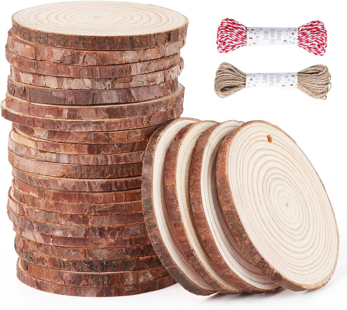 30 Pcs Wood Slices For Crafts, 1.7"-2.3” Pre-Drilled Holes Wood Rounds, 66 Feet Twine String