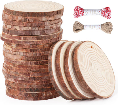 30 Pcs Wood Slices For Crafts, 1.7"-2.3” Pre-Drilled Holes Wood Rounds, 66 Feet Twine String