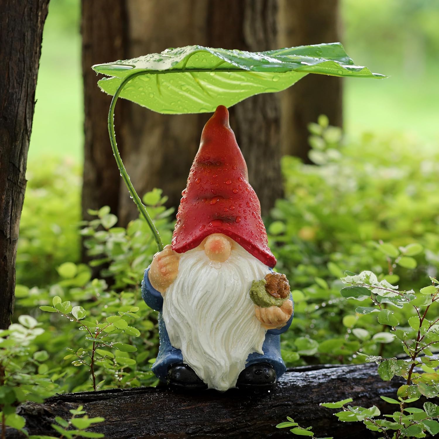 Garden Gnome Statue Decoration with Leaf Umbrella, 7.5” Figurine Ornament for Indoor Outdoor Home