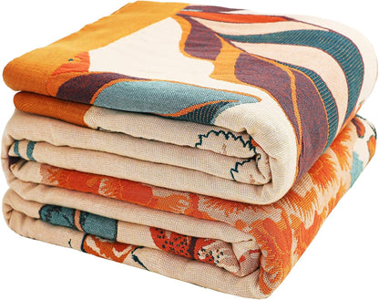 Boho Throw Blanket, 100% Organic Cotton Breathable Soft Lightweight All Season Rustic Bed Throw