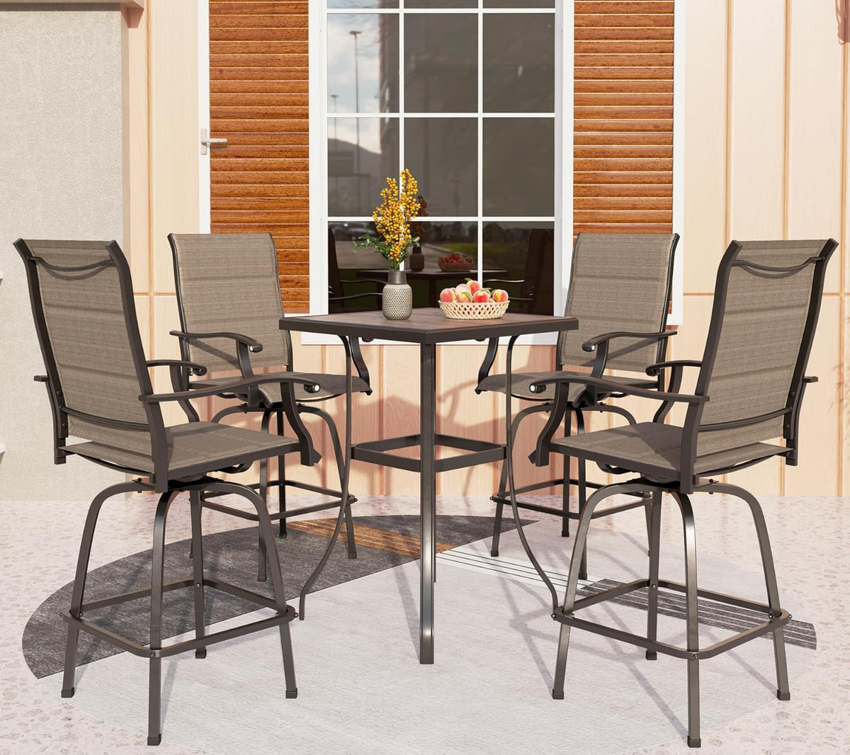 PHI VILLA Outdoor Bar Set with 4 Swivel Bar Height Patio Chairs, Wooden-Like Patio Bar Table and