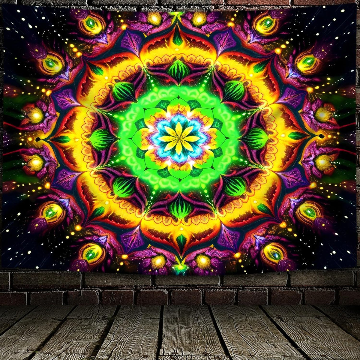 Blacklight Mandala Tapestry for Bedroom, Psychedelic Flower Black Light Posters for Adults and