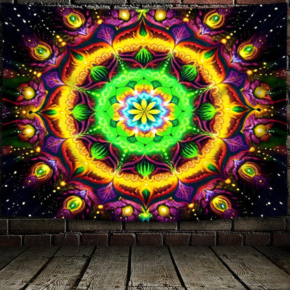 Blacklight Mandala Tapestry for Bedroom, Psychedelic Flower Black Light Posters for Adults and
