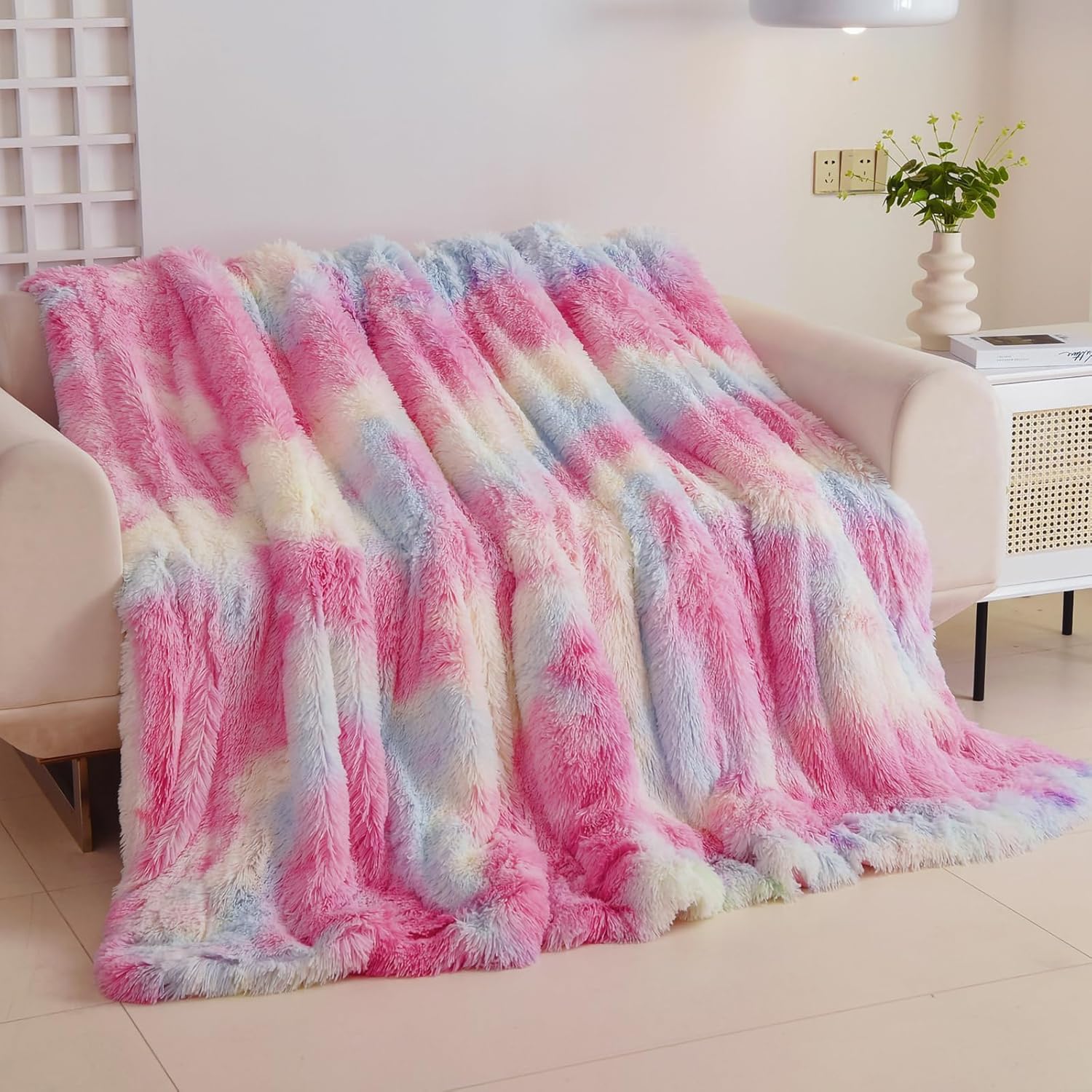 GONAAP Fuzzy Faux Fur Throw Blanket Queen Size Tie-dye Rainbow Super Soft Cozy Plush Fuzzy Shaggy
