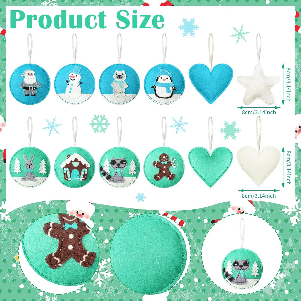 12 Pcs Christmas Felt Ornaments for Tree Santa Claus Snowman Gingerbread 3D White Mint Turquoise