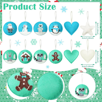 12 Pcs Christmas Felt Ornaments for Tree Santa Claus Snowman Gingerbread 3D White Mint Turquoise