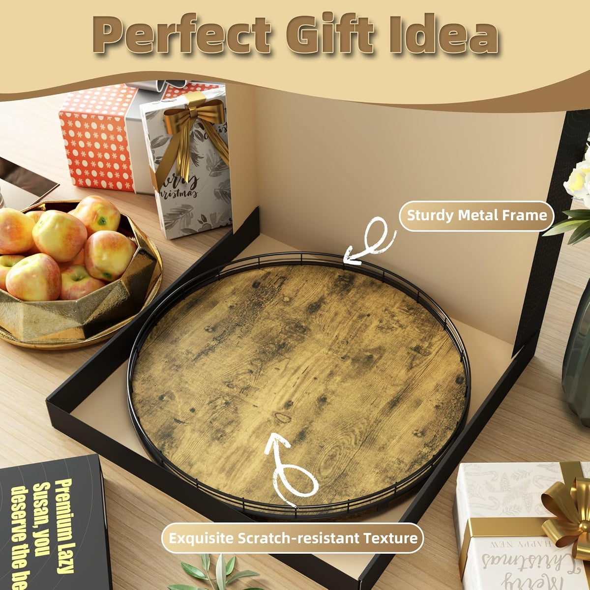 Lazy Susan Turntable Organizer for Table Top, 18’’ Round Wooden Lazy Susan for Cabinet Kitchen