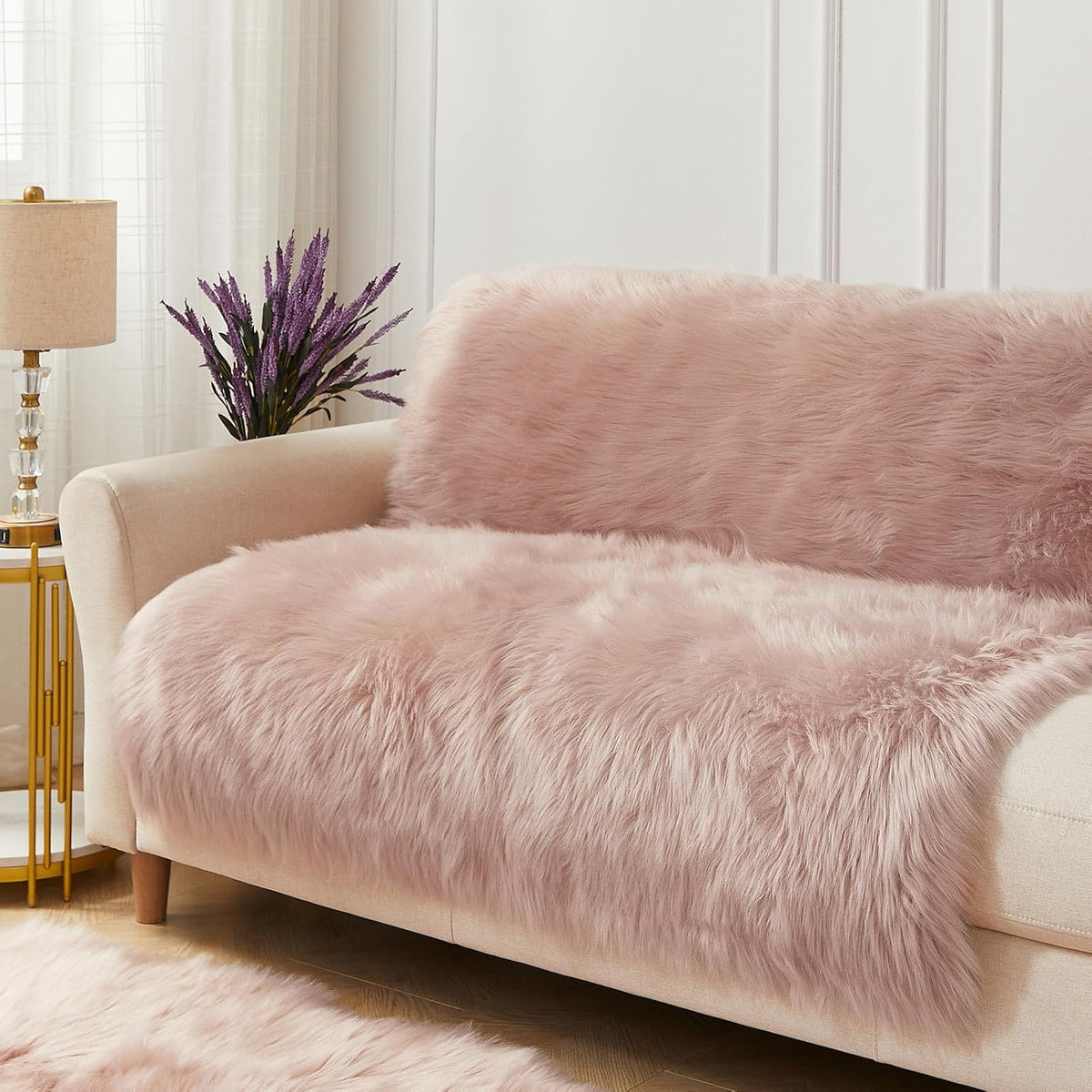 AMTOVO Faux Fur Sheepskin Rug for Living Room, 4 x 6 ft Pink Fluffy Area Rug for Bedroom, Playroom