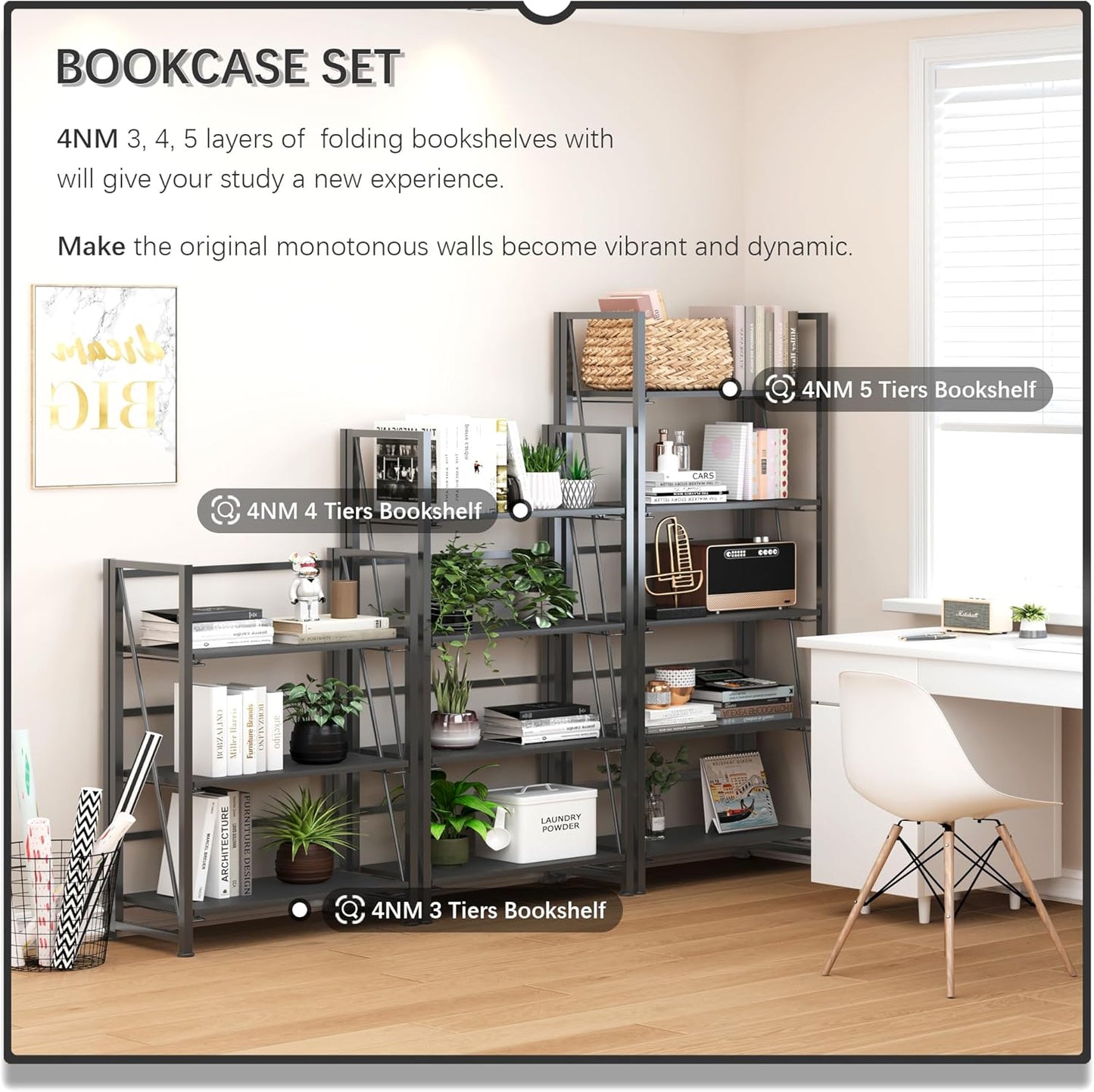 4NM No Assembly Foldable Bookshelf, 5-Shelf Collapsible Bookcase Storage for Small Spaces, 62.2" H