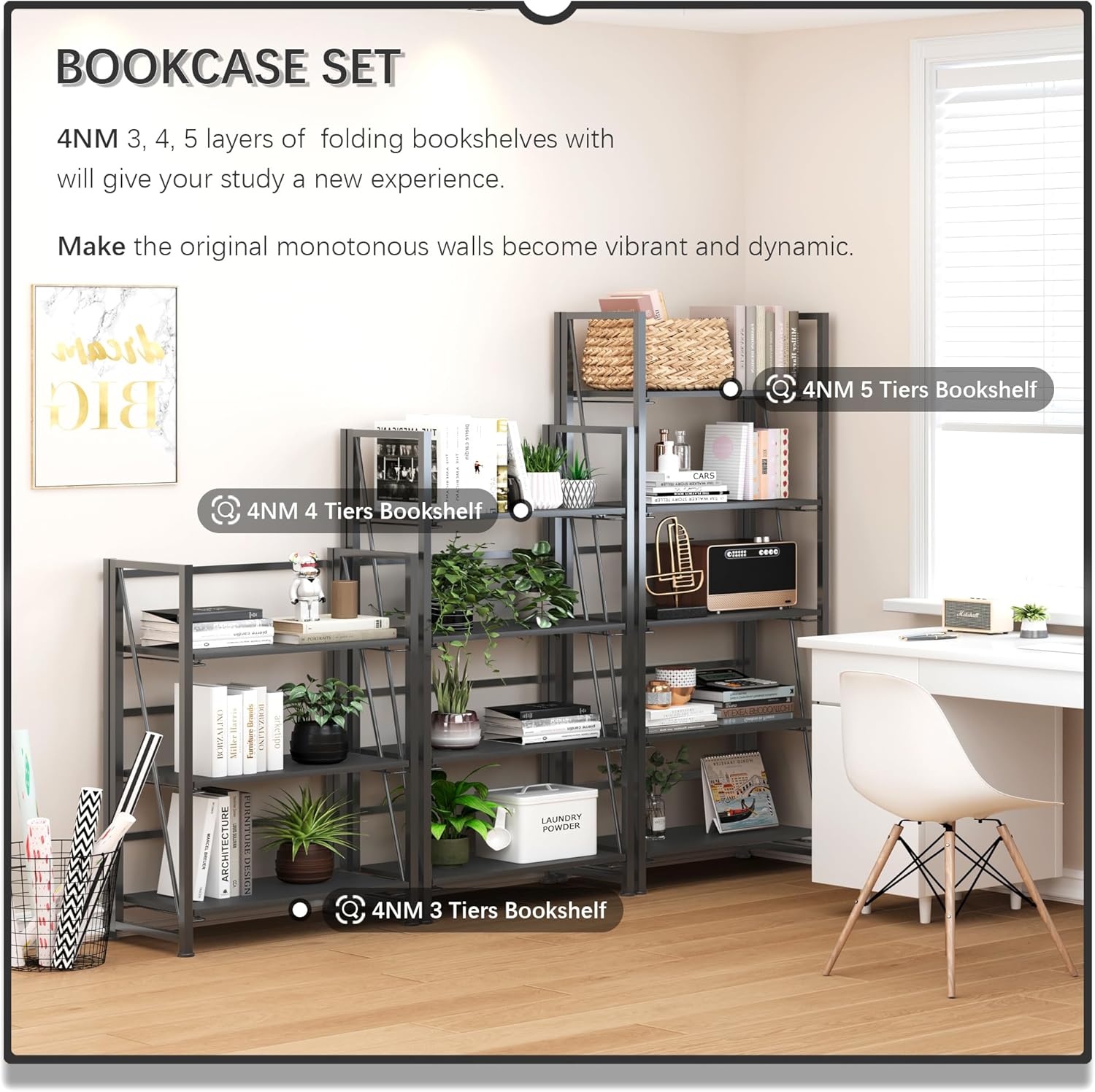4NM No Assembly Foldable Bookshelf, 5-Shelf Collapsible Bookcase Storage for Small Spaces, 62.2" H