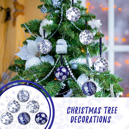 Cindeer 6 Pcs Blue and White Christmas Porcelain Balls 2.4 Inch Porcelain Chinoiserie Ornament Bulk