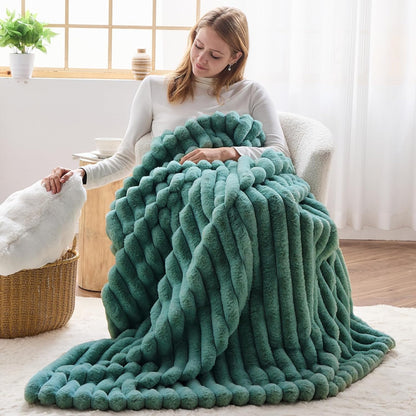 NEWCOSPLAY Faux Fur Twin Blanket Light Teal 3D Ribbed Plush Thick Warm Blanket for Couch Sofa Bed