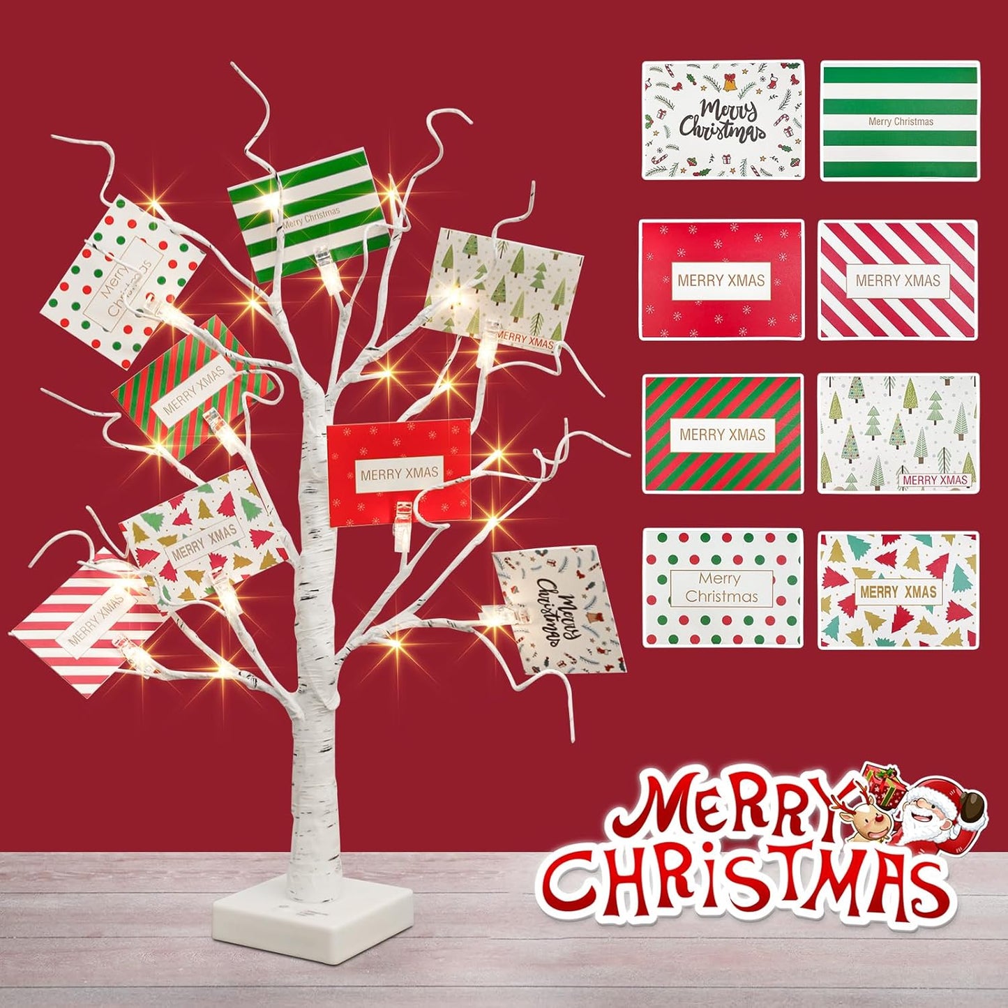 EAMBRITE Christmas Tree with Gift Cards, Money Tree Gift Holder, White Lighted Birch Tree Tabletop