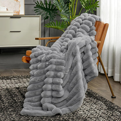 Cozy Bliss Faux Fur Throw Blanket for Couch, Cozy Warm Plush Striped Blanket for Sofa Bedroom