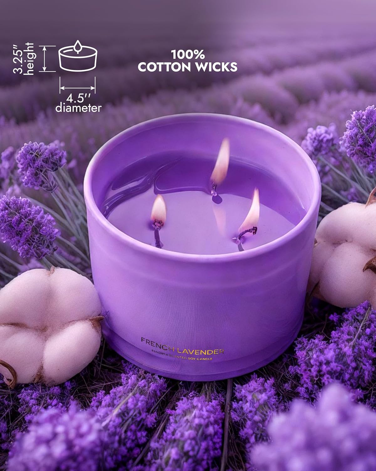 96NORTH Luxury Lavender Soy Candle | Large 3 Wick Jar Candle | Up to 50 Hours Burning Time | 100%