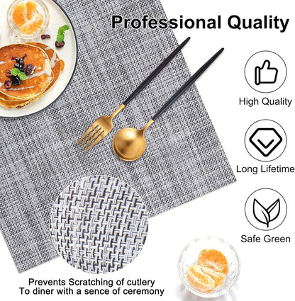 Vinyl Placemats Set of 6, PVC Woven Washable Non-Slip Table Mats, Heat Resistant Wrinkle Free Place