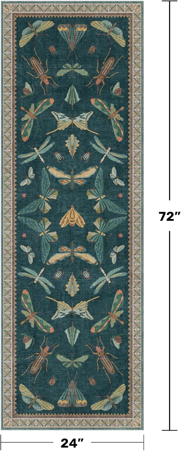 Brown and Green Kitchen Sink Runner Rug 2x6 - Teal Boho Bathroom Rugs for Entrance Indoor, Insect