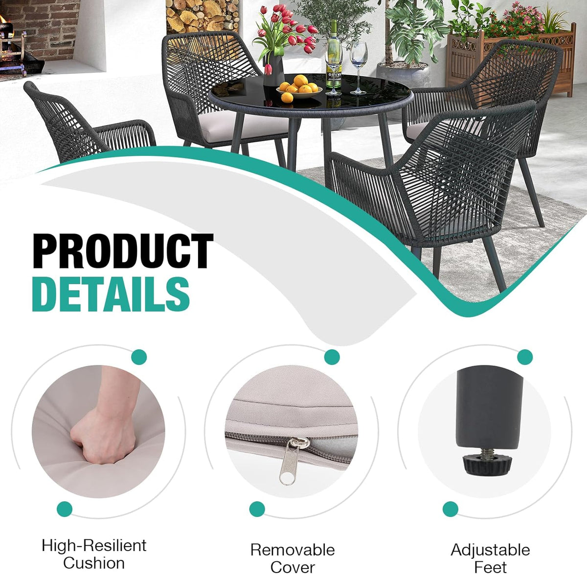 Patiorama Patio Dining Chair Set of 4, Woven Rope Outdoor Dining Chairs w/Steel Frame, All-Weather