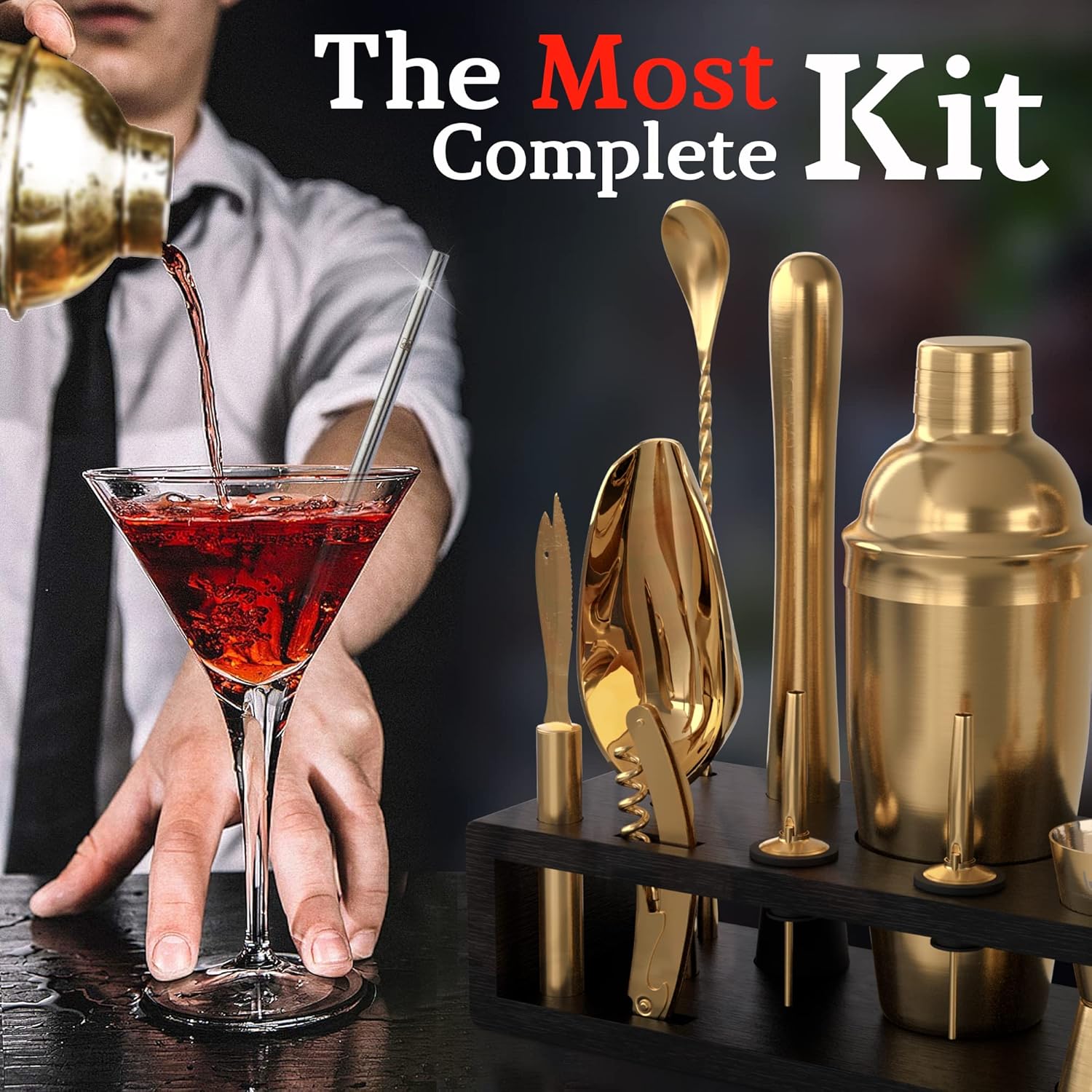 Highball & Chaser Bartender Kit with Espresso Bamboo Stand. Beautiful Cobbler Cocktail Shaker Set