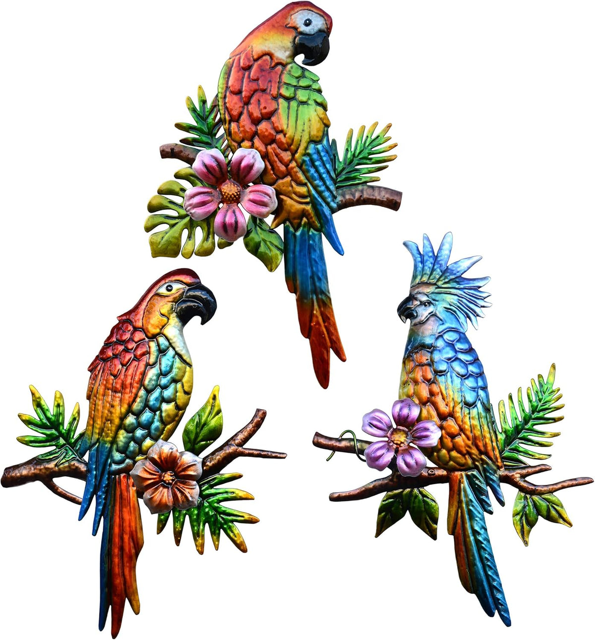 J-Fly Parrot Tropical Wall Art Decor - 3 Hanging Sculptures, Metal, 12" x 8.5", Indoor Kitchen