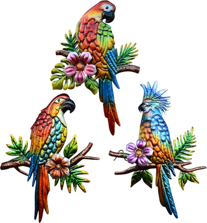 J-Fly Parrot Tropical Wall Art Decor - 3 Hanging Sculptures, Metal, 12" x 8.5", Indoor Kitchen
