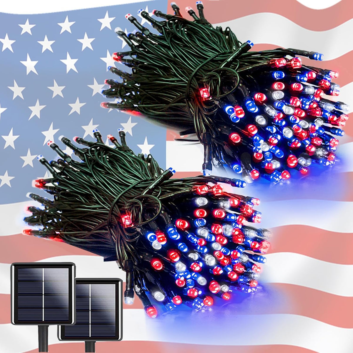 EEW 2 Pack 200 LED Red White and Blue Solar String Lights Outdoor Waterproof, Solar Powered LED