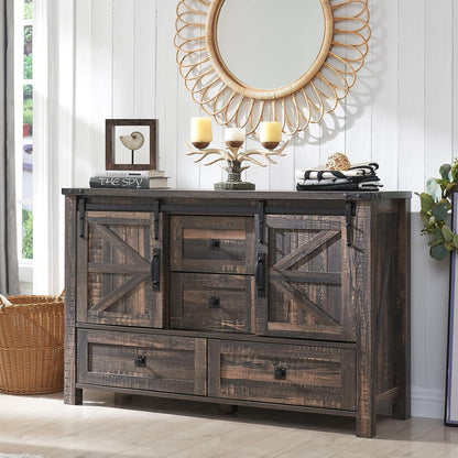 T4TREAM 48'' Farmhouse Dresser w/4 Drawers & 2 Sliding Barn Doors, Tall Chest of Drawers Organizer