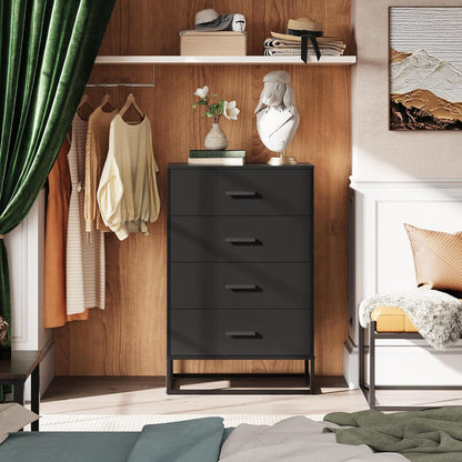 WLIVE Black Dresser for Bedroom with 4 Drawers, Tall Wood Dresser with Sturdy Metal Frame, Wooden