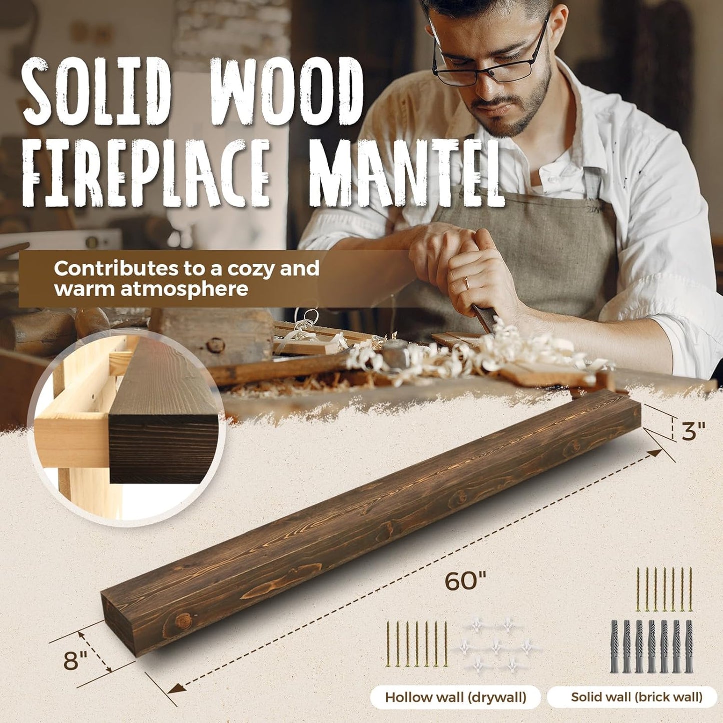 60x8x3 Fireplace Mantel - Handcrafted Hollow Rustic Solid Wood Wall Mounted Floating Shelf with
