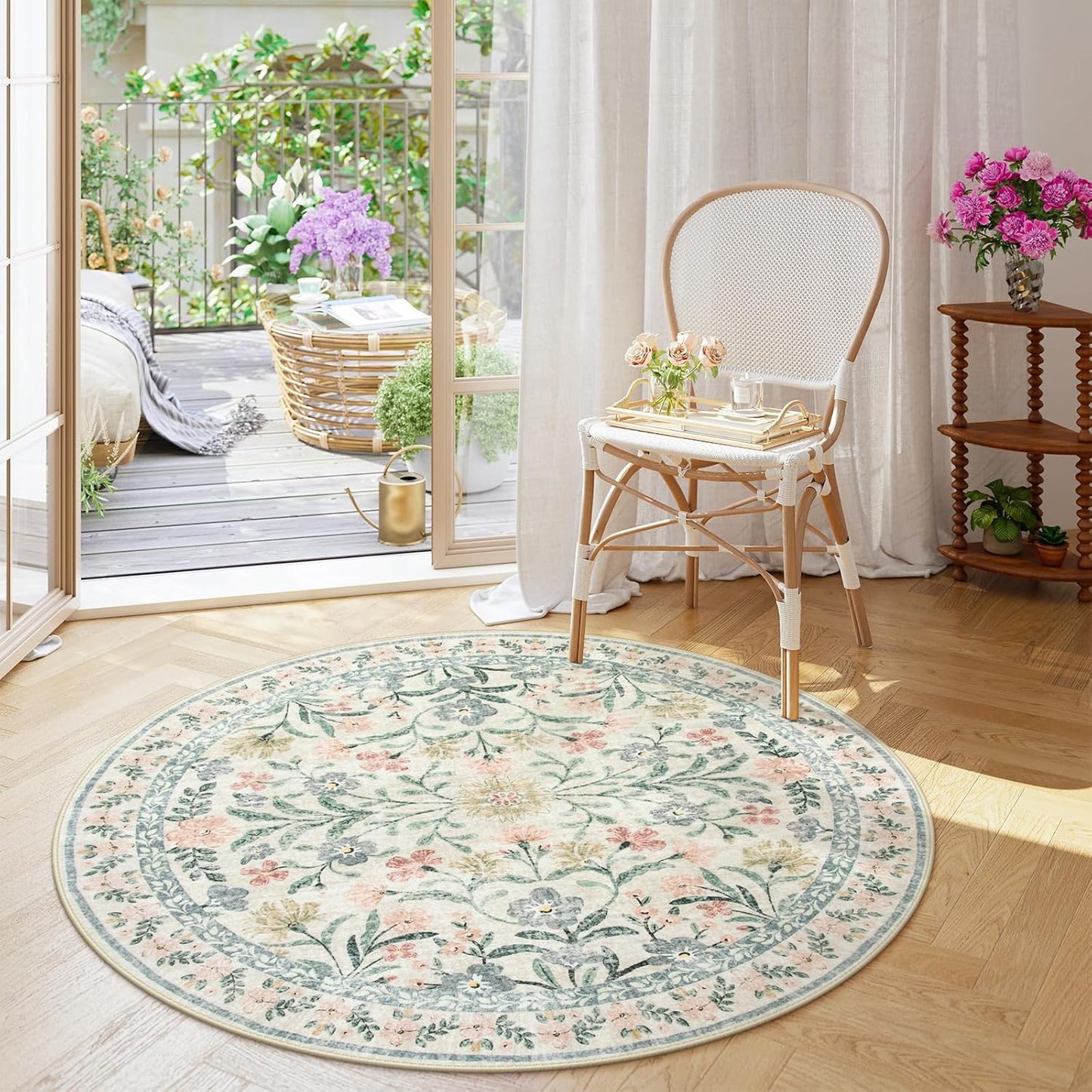 Wonnitar Floral Round Rugs 6ft, Boho Large Machine Washable Circle Rug, Low Pile Soft Flower