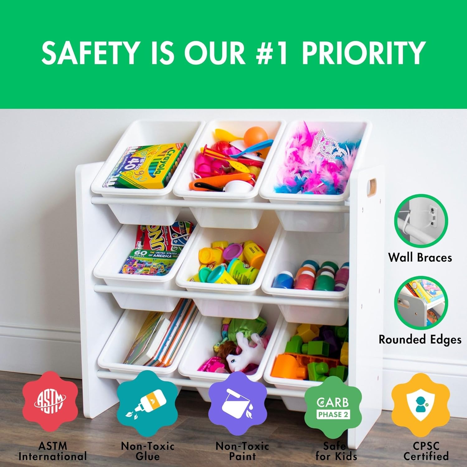 Humble Crew 9-Bin Toy Organizer – Cambridge White Plastic Bins, 3-Tier Storage Solution for Kids'