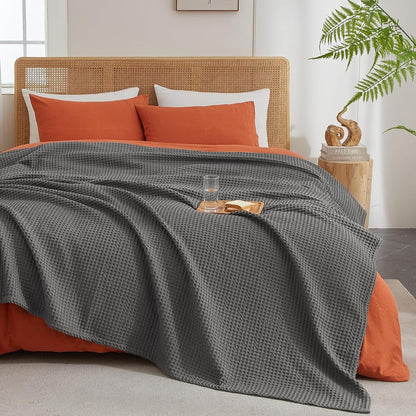 PHF Ultra Soft Waffle Weave Blanket King Size 104"x 90"- Washed Lightweight Breathable Cozy Woven