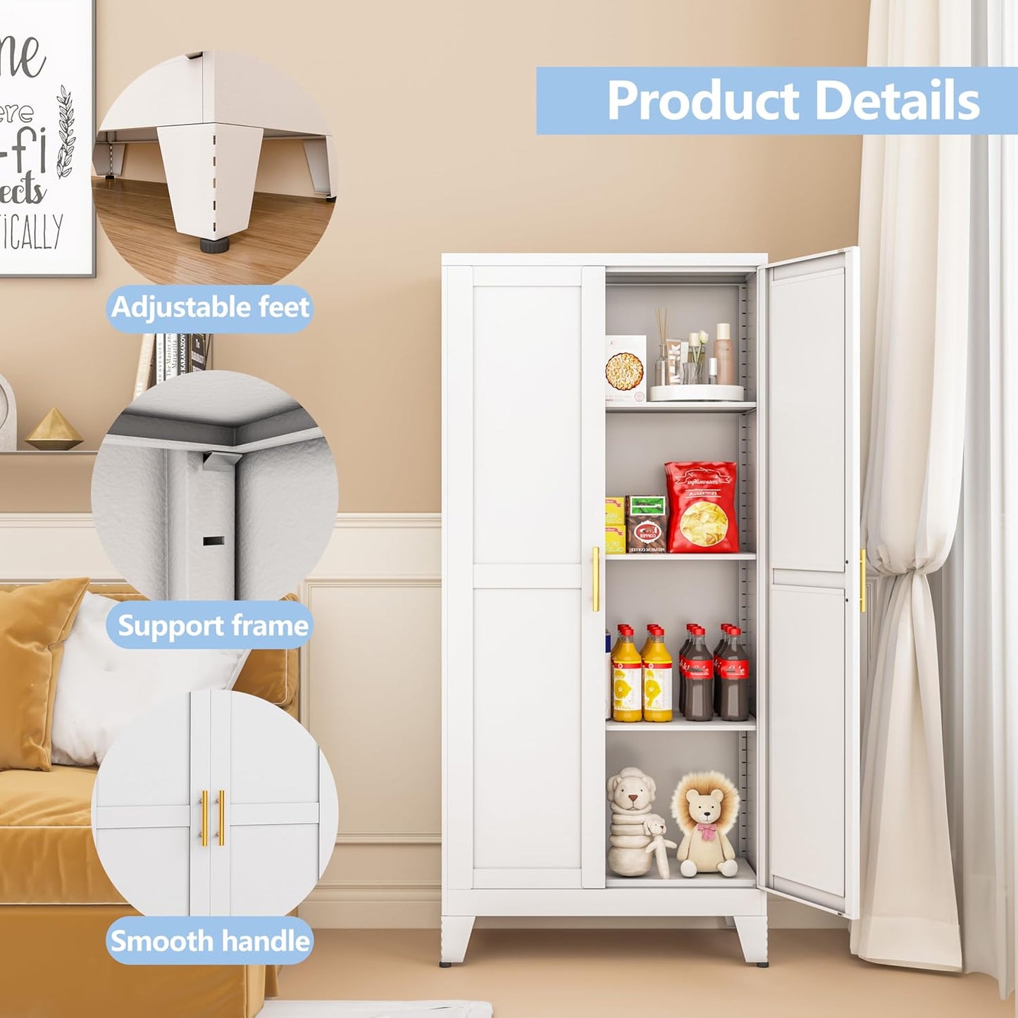 White Metal Storage Cabinet, 48" Steel Cabinets for Home Office, Kitchen Pantry Storage Cabinet