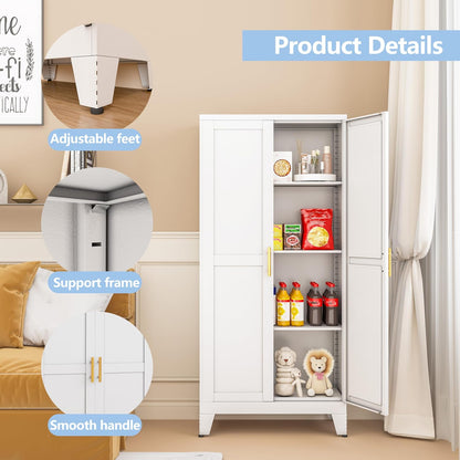 White Metal Storage Cabinet, 48" Steel Cabinets for Home Office, Kitchen Pantry Storage Cabinet