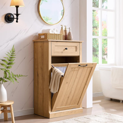 Tilt Out Laundry Hamper Cabinet, 10 Gallon Farmhouse Trash Can Cabinet with Drawer, Hidden Wood