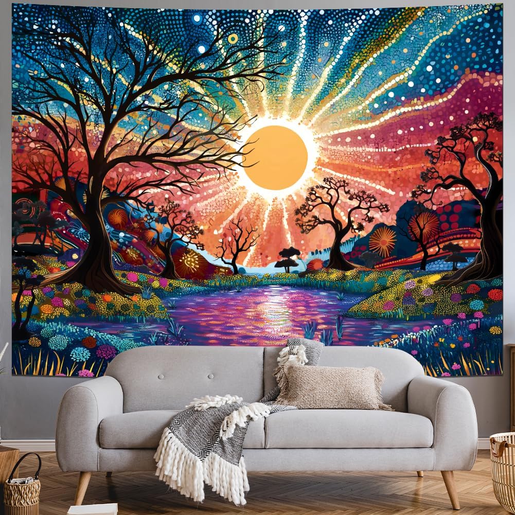 Serborlur Tree of Life Tapestry Trippy Sun Forest Tapestries Colorful Starry Sky Tapestries Hippie