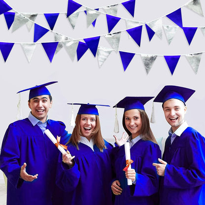 Royal Blue Silver Party Decorations Navy Blue Triangle Pennant Banner Flag Metallic Fabric Bunting