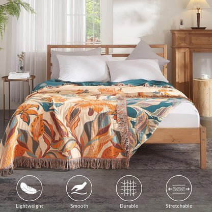 Boho Throw Blanket for Couch Sofa Bed, 100% Cotton Woven Quilt with Tassel 80”x90”, Super Soft