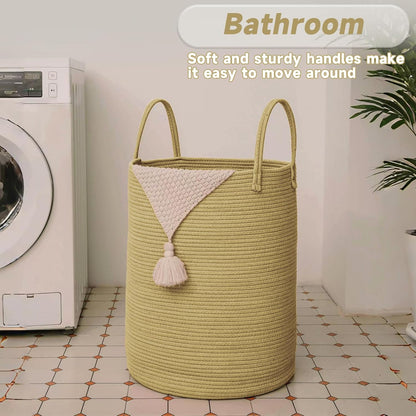 Large Woven Laundry Basket Hamper,60L Cotton Rope Storage Bin for Blankets,Toys and