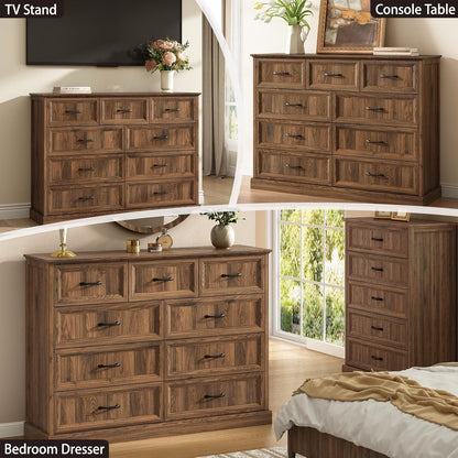 Farmhouse 9 Drawer Dresser for Bedroom, 55 Inch Wide Modern Walnut Dresser TV Stand with Large