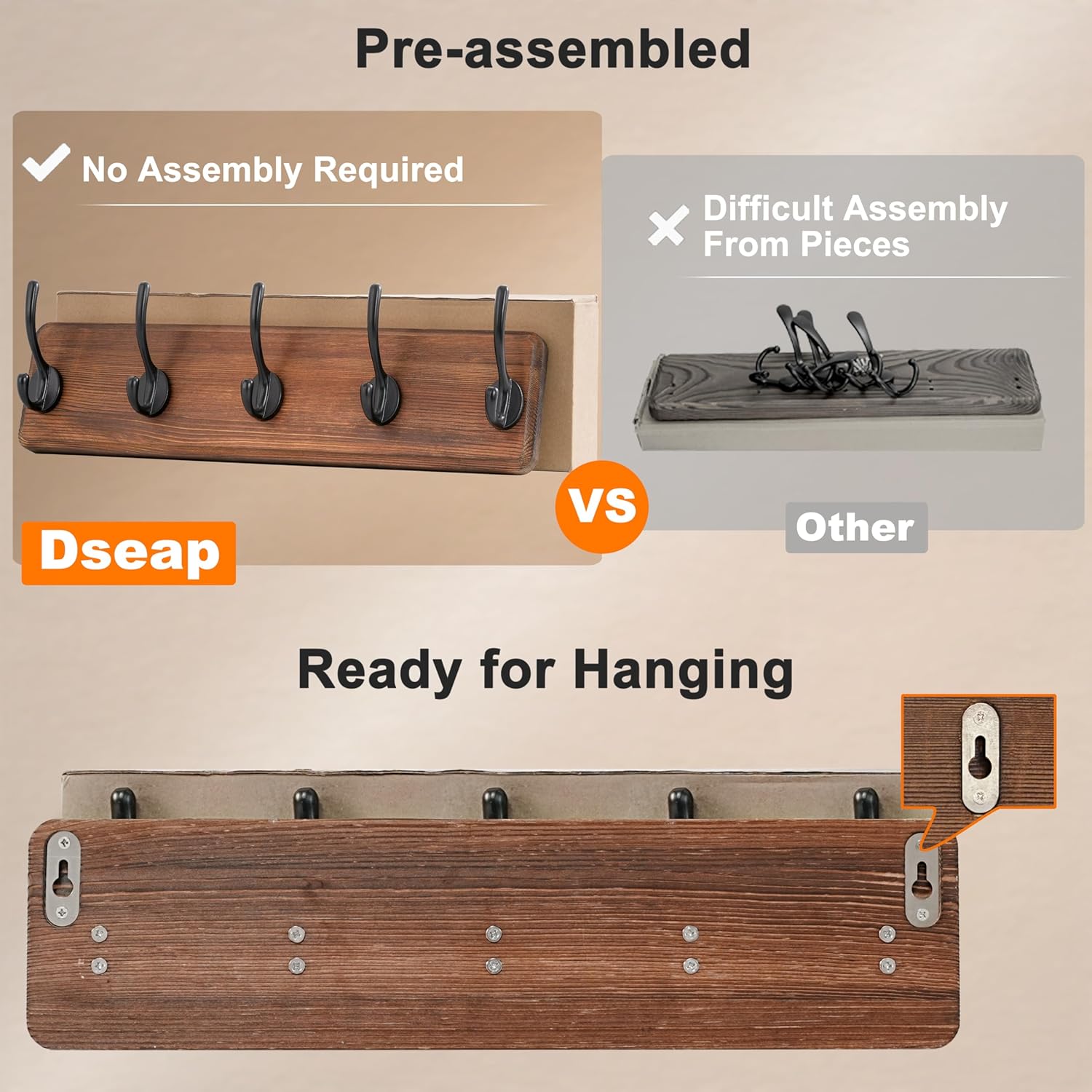 Dseap Coat Rack Wall: Patented, Heavy-Duty, 5-Double-Hooks Wooden Wall Mounted Coat Rack Coat