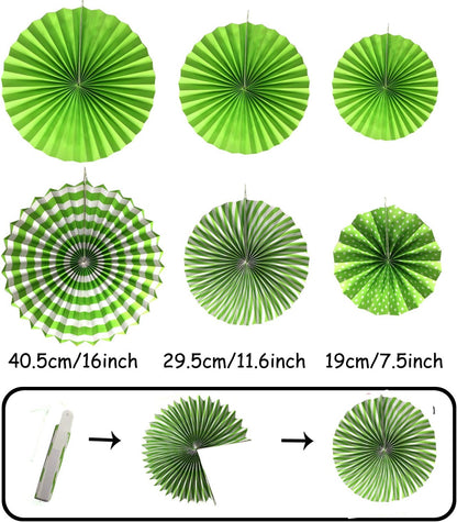 ZERODECO Party Decoration, 21 Pcs Green Hanging Paper Fans, Pom Poms Flowers, Garlands String Polka