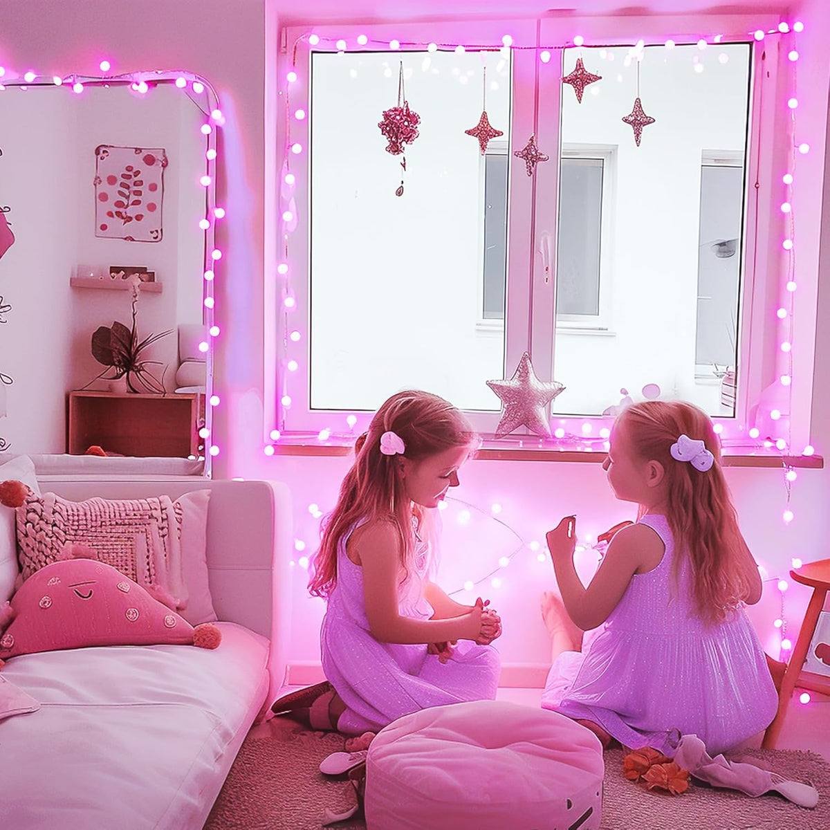 JMEXSUSS 100 LED Pink String Lights Indoor, Connectable Globe String Lights Plug in, 8 Modes 33ft