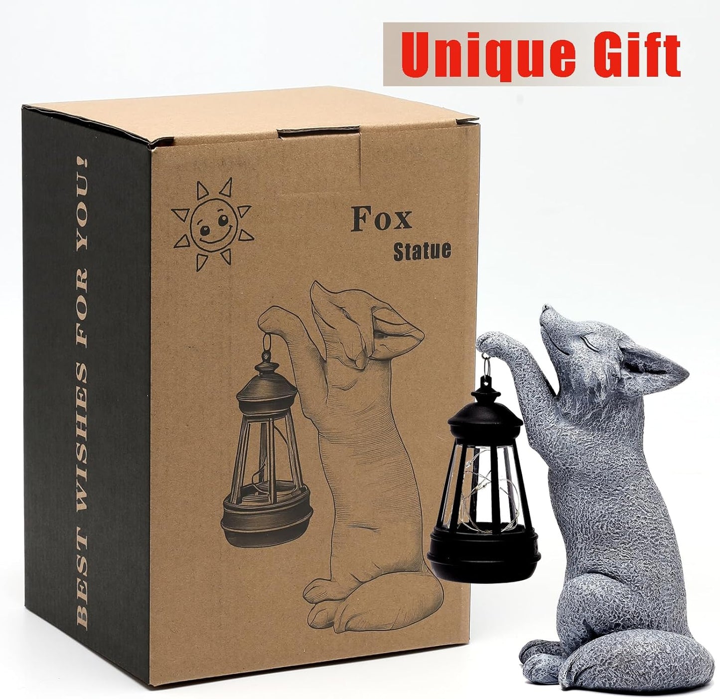 Fox Statue for Garden Decor, Garden Statue with Solar Power Light for Outdoor Patio Porch Lawn Yard