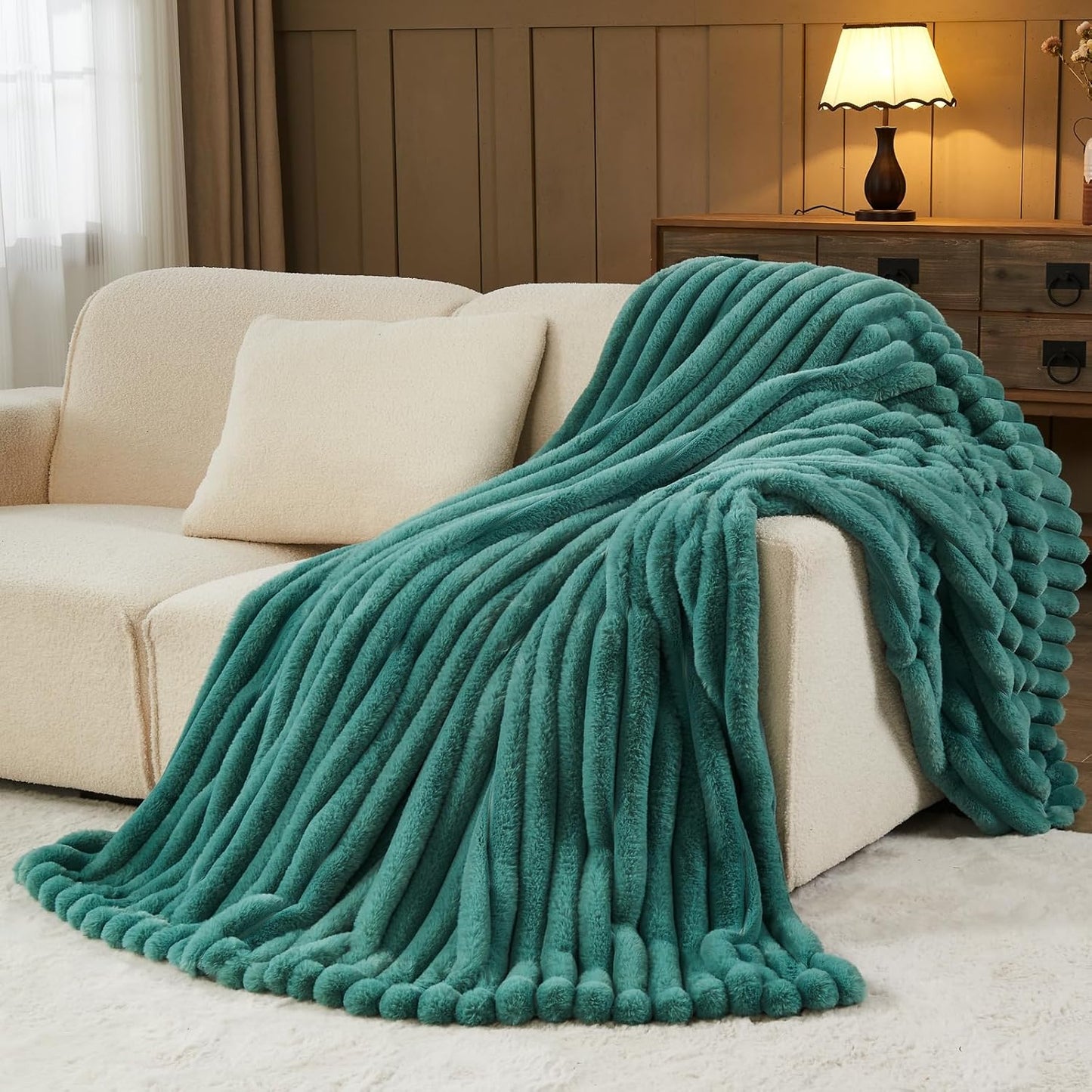 NEWCOSPLAY Faux Fur Throw Blanket Light Teal 3D Ribbed Plush Thick Warm Blanket for Couch Sofa Bed
